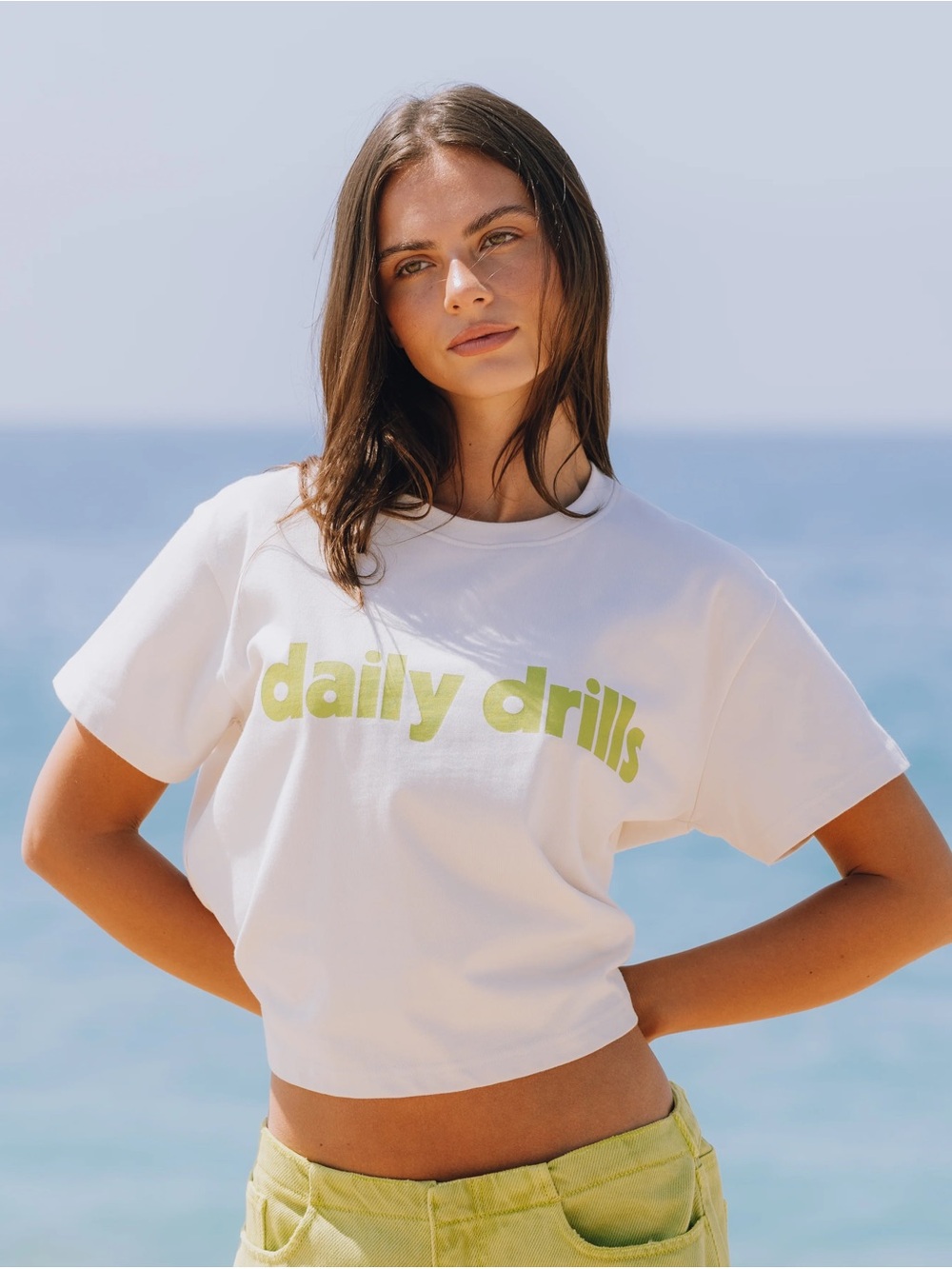 Daily Drills Boxy Crop T-Shirt Cream with Green XS/S